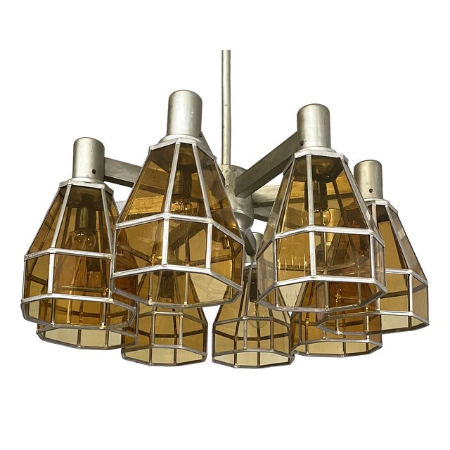 German Art Deco Chandelier in Yellow Glass and Metal, 1930s For Sale