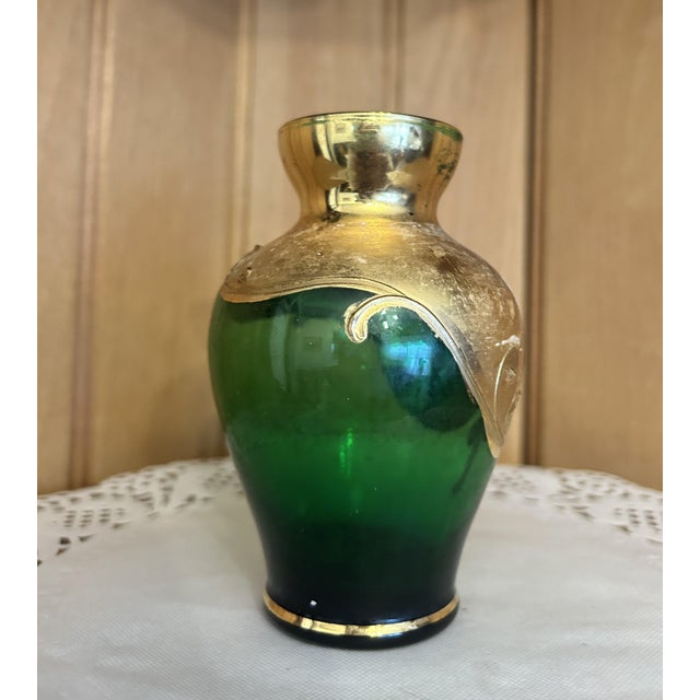Antique Hand-Painted Bohemian Green Gold Moser Small Glass Vase Floral Motif For Sale In New York - Image 6 of 8
