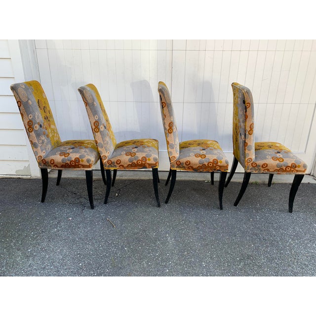 Love! Iconic Jack Lenor Larsen "Primavera" velvet fabric on a set of 4 Parsons chairs with black lacquered legs. According...