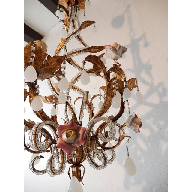 Bronze French Tole Beaded Roses and White Opaline Drops Chandelier For Sale - Image 8 of 10