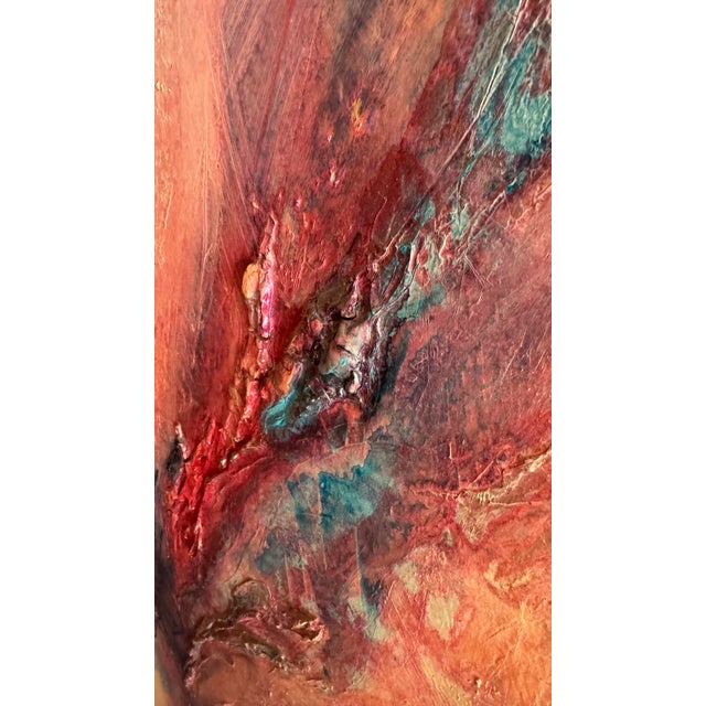 Striking original abstract mixed media painting by artist David Stephens, featuring a dynamic composition of warm coral,...