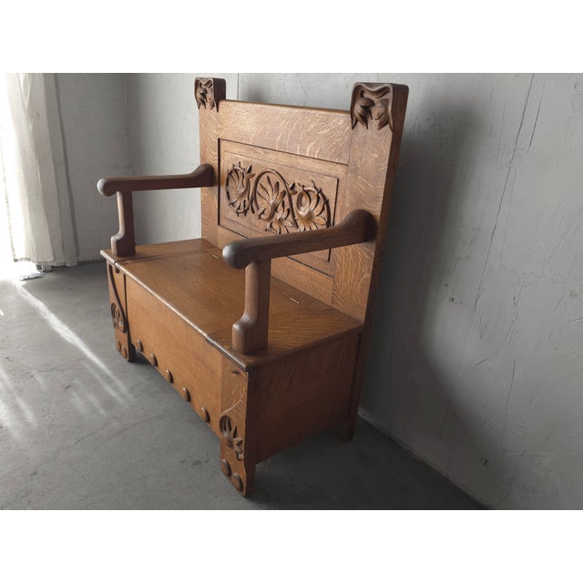 Early 20th Century Antique Arts and Crafts Style Carved Oak Hall Bench With Storage For Sale - Image 5 of 10