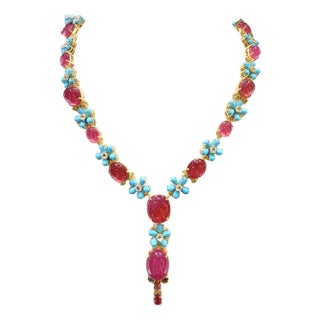 Bochic “Capri” Vintage Ruby & Turquoise Flower Necklace - 18K & Silver For Sale
