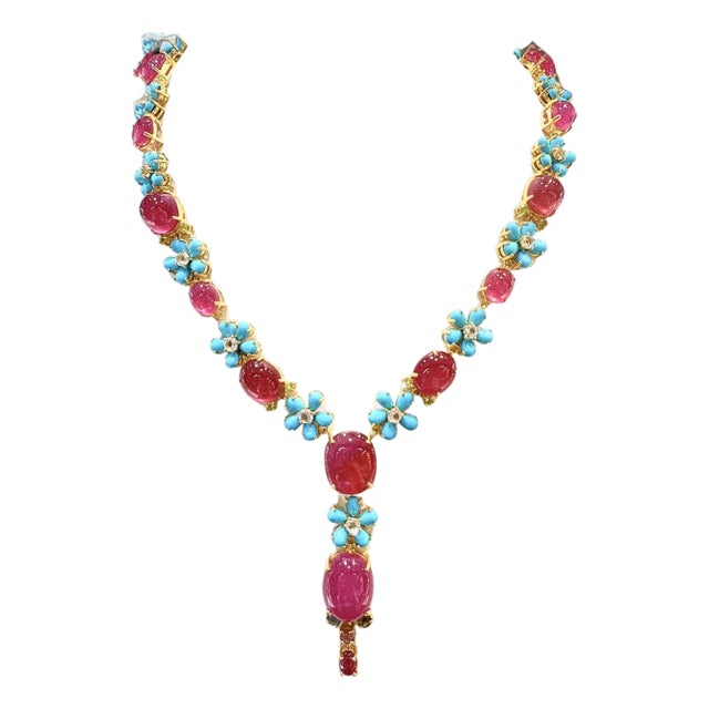 Bochic “Capri” Vintage Ruby & Turquoise Flower Necklace - 18K & Silver For Sale