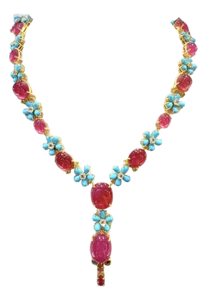 Bochic “Capri” Vintage Ruby & Turquoise Flower Necklace - 18K & Silver