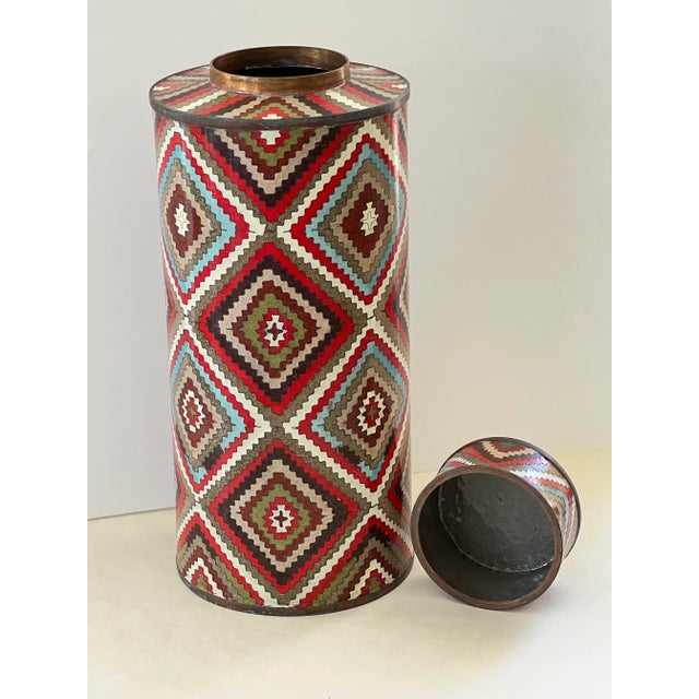 Mid-Century Modern Fabienne Jouvin Paris Enamel Copper Cloisonne Large Tea Canister Jar Signed Kaleidoscope Pattern For Sale - Image 3 of 11