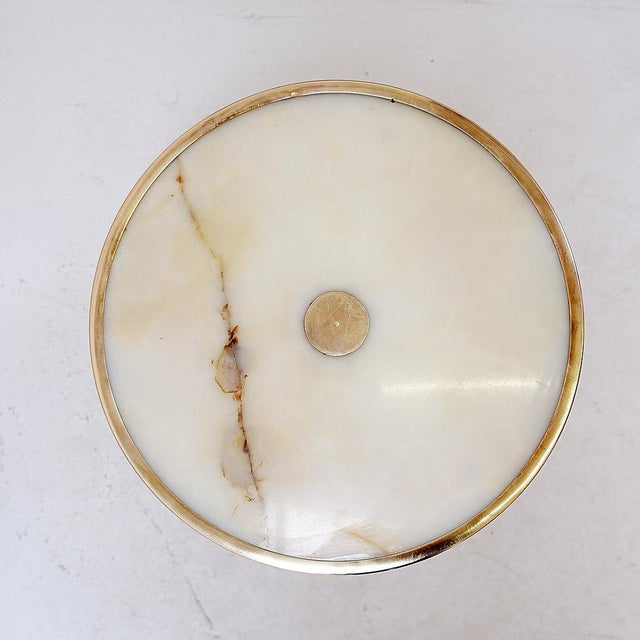 Beige Wrought Iron Tripod Side Table with Brass Decorations and Alabaster Top, 1950s For Sale - Image 8 of 15