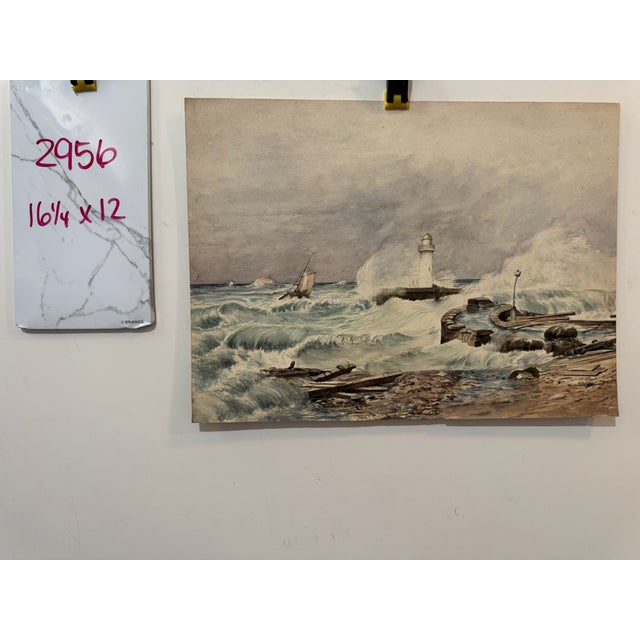 Early 20th Century Attributed to Frank Henry Mason British Lighthouse Storm Seascape Watercolor For Sale - Image 9 of 9