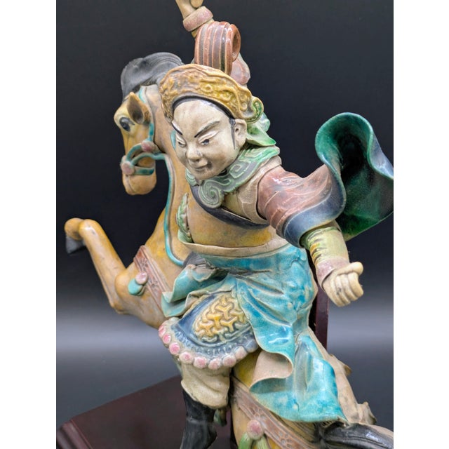 1900 - 1909 Antique Chinese Polychrome Glazed Imperial Tile: Warrior/Deity Riding a Horse For Sale - Image 5 of 9