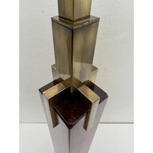 Art Deco Style Teak and Brass Skyscraper Table Lamp, 1980s For Sale - Image 9 of 13