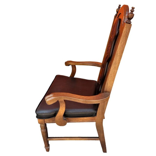 Spanish Revival 1960s Spanish Revival Solid Pecan Wood and Black Vinyl Dining Chairs - Set of 6 For Sale - Image 3 of 7