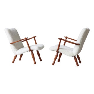 Set of Pinewood and Sheepskin Lounge Chairs from Swedish Cabinetmaker, 1940s For Sale