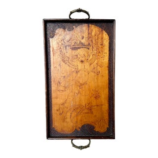 1940s French Wooden Double Handled Tray With Hand Etched Cherub For Sale