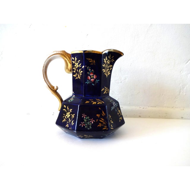 Blue Antique Mason's Staffordshire Ironstone Mazarine Cobalt Blue Pitcher W/ Enamel & Gilt Floral Sprigs Serpent "Hydra" Handle 1813-1820 For Sale - Image 8 of 13