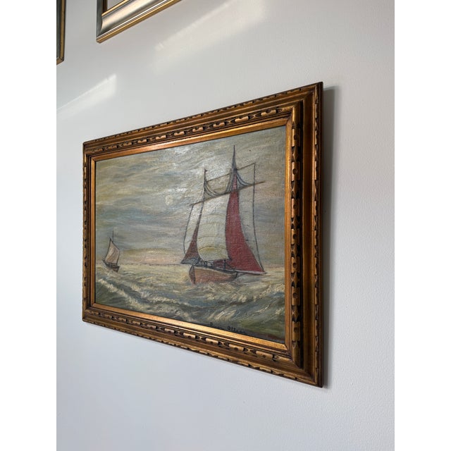 Vintage Seascape Impressionist Two Sailboats Oil Painting on Plywood – Framed For Sale - Image 4 of 12