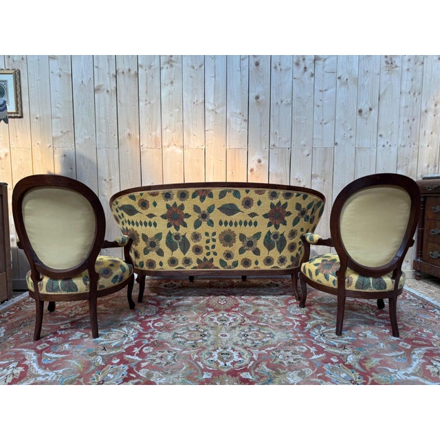 Louis-Philippe Living Room Sofa and Armchairs in Rosewood and Floral Fabric, Set of 3 For Sale - Image 4 of 8