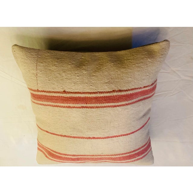 Vintage Turkish Kilim Creamy White With Rose Stripe Cotton Wool Decorative Pillow For Sale In Dallas - Image 6 of 8