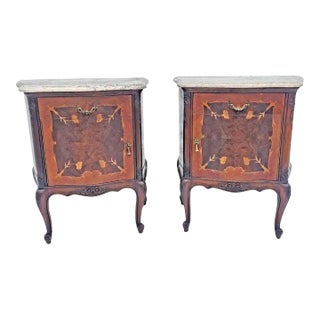 Pair Vintage 1930s Italian Marble Top Inlaid Nightstands / End Tables / Bedstands For Sale