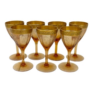 Set of 7 Tiffin-Franciscan Gold-Rimmed Hand Blown Glass Aperitif Glasses in Melrose Amber Pattern For Sale