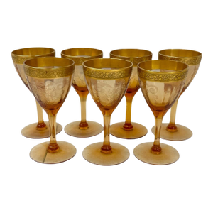 Set of 7 Tiffin-Franciscan Gold-Rimmed Hand Blown Glass Aperitif Glasses in Melrose Amber Pattern