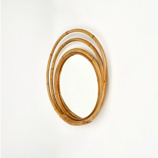 Tan Mid-Century Italian Three Level Round Bamboo & Rattan Wall Mirror, 1960s For Sale - Image 8 of 14