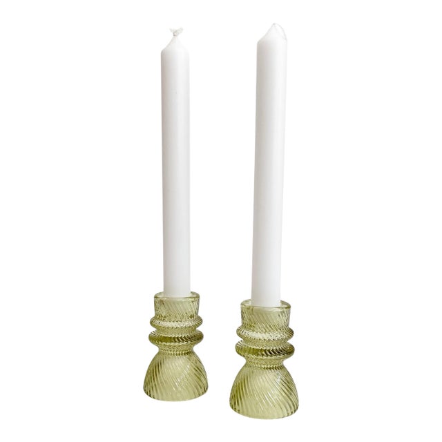 Transparent Green Ribbed Glass Taper Candle Holders For Sale