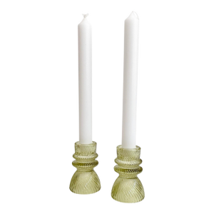 Transparent Green Ribbed Glass Taper Candle Holders