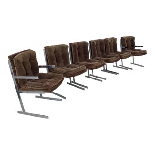 Mid-20th Century Milo Baughman Style Flat Bar Chrome Sled-Base Dining Chairs - Set of 6 For Sale