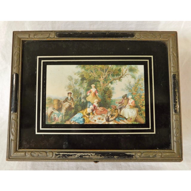 Old antique early 1900s wooden jewelry box with Victorian portrait of a family picnic. Mirrored inside with several...