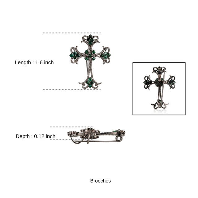 Antique-Style Silver Cross Brooch Cum Pendant With Emeralds & Diamonds For Sale - Image 10 of 12