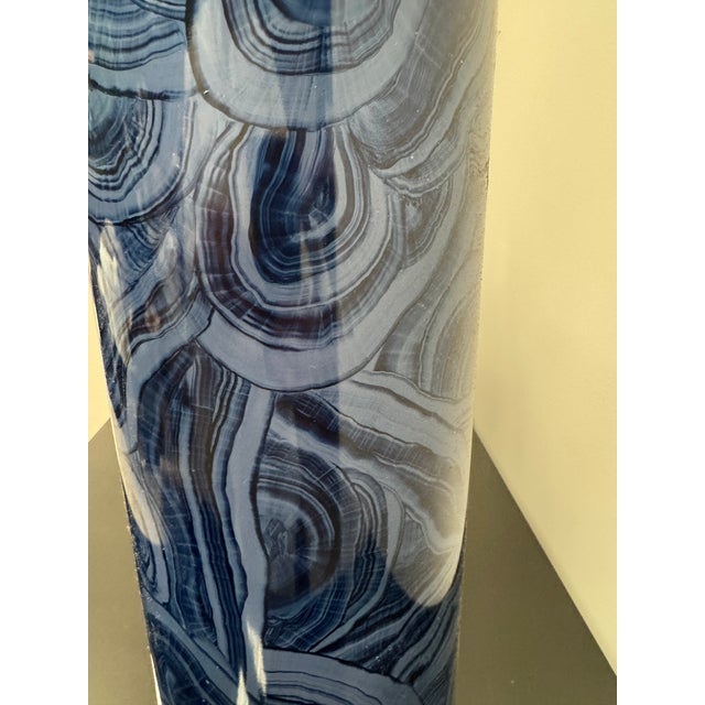 Navy Malachite pattern cylinder lamps by John Richards. Lamp bases approximately 7" diameter. Up to 150 watt bulbs....