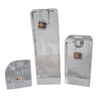 1980s Blenko Glass Ice Block Candle Holders - Set of 3 For Sale