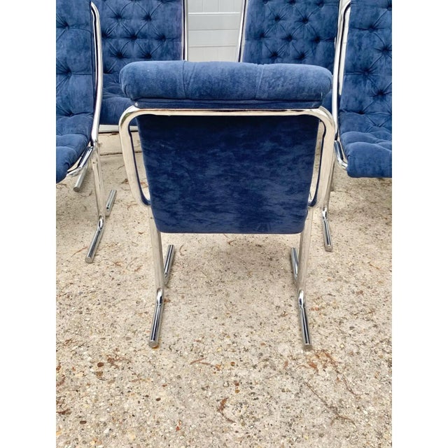 Metal MCM Daystrom Chrome Cantilever Blue Tufted Dining Chairs (Milo Baughman Style) - Set of 6 For Sale - Image 7 of 12
