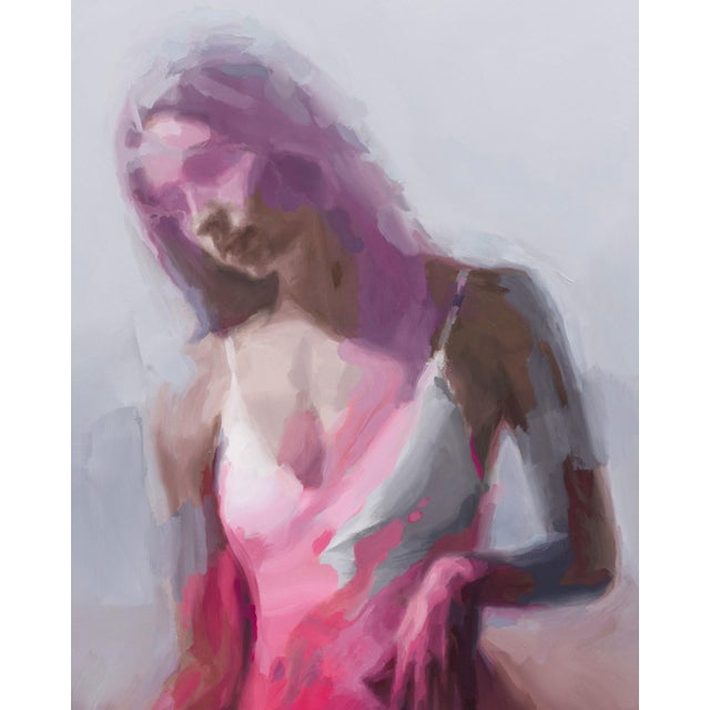 Rupture by Josh Sorrell | Oil on Panel Abstract figure with a pink dress sitting down. For Sale - Image 4 of 5