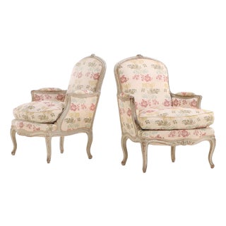 Pair of French Louis XV Style Painted Bergères, C, 1940 For Sale