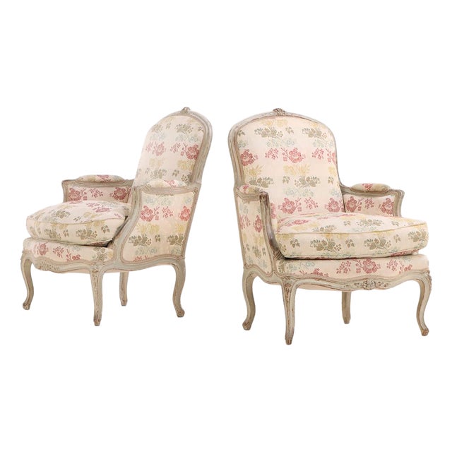 Pair of French Louis XV Style Painted Bergères, C, 1940 For Sale