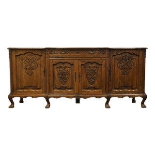 Vintage Antique Solid English Walnut Traditional Victorian Style 87" Carved Sideboard Buffet For Sale