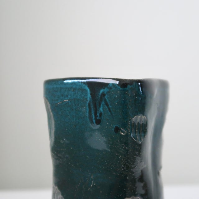 Handbuilt Organic Sculptural Pinched Square Rim Ceramic Vase in Dark Teal Glaze With Ribbed Relief Pattern For Sale - Image 12 of 18