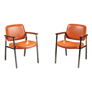 Pair of Delwood Mid Century Orange Vinyl Armchairs For Sale