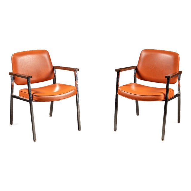 Pair of Delwood Mid Century Orange Vinyl Armchairs For Sale