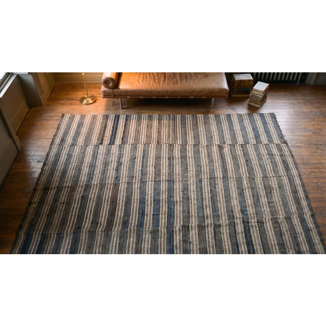Textile 1900s Multibrown Stripe Antique American Rag Rug 12'8" X 14'8" Flatweave Wool Carpet For Sale - Image 7 of 9