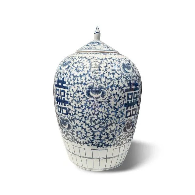 Asian Blue & White Double Happiness Porcelain 14" Height Jar can be use for indoor and outdoor. This piece used high fire...