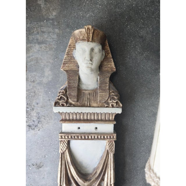 Traditional Italian Egyptian Revival Carved Wood Pharoah 2 Arm Sconces - A Pair For Sale - Image 3 of 10