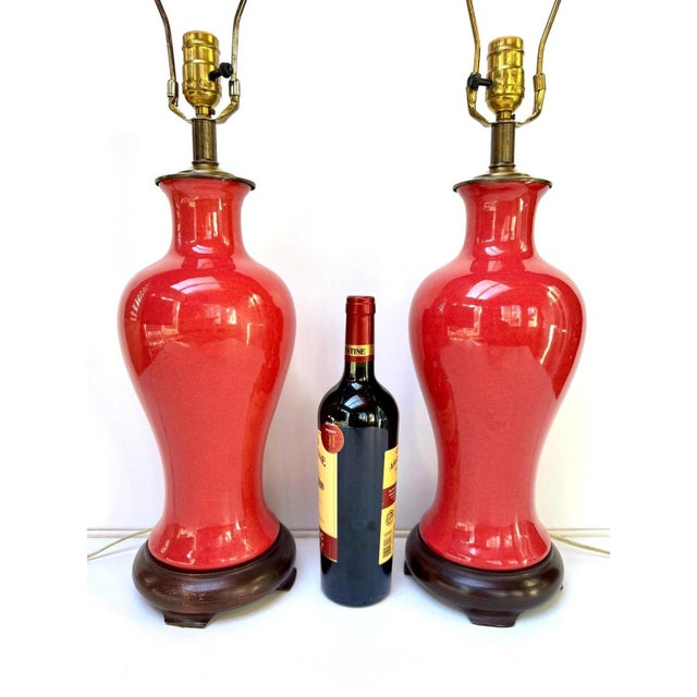 Pair of Vintage Oxblood Red Glazed Ceramic Table Lamps With Brass Hardware For Sale - Image 11 of 11