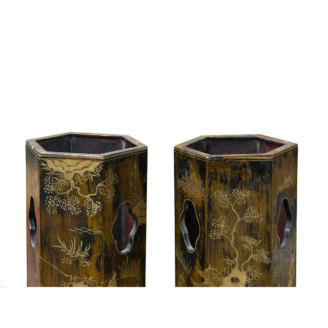 Pair Chinese Matte Gold Scenery Hexagonal Display Wood Brush Pots Vase For Sale - Image 14 of 18