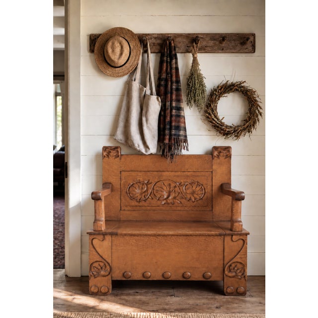 Spanish Revival Antique Arts and Crafts Style Carved Oak Hall Bench With Storage For Sale - Image 3 of 10