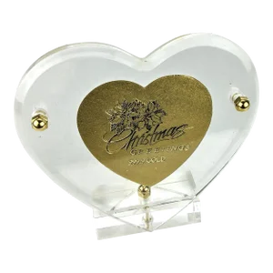 999 Gold Christmas Lucite Encased Heart Paperweight