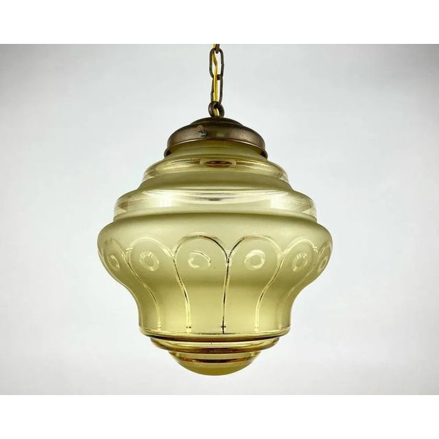 Very nice small Glass Pendant lighting. Art Deco Belgian Ceiling Lamp with Yellow Glass Shade, 1960s. Stylish Art Deco...
