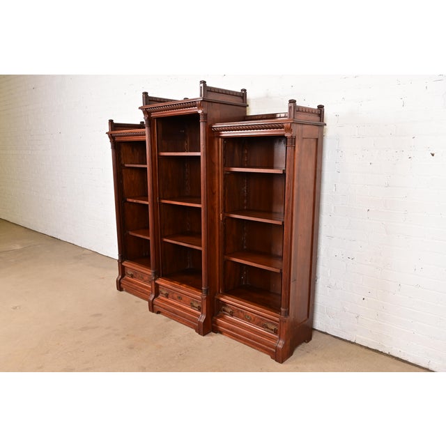 Victorian Herter Brothers Style Antique Eastlake Victorian Carved Walnut and Burl Wood Triple Bookcase, Circa 1880s For Sale - Image 3 of 11