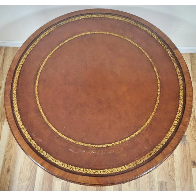 Weiman Vintage Weiman Heirloom Mahogany & Gilt Tooled Leather Top Drum Table For Sale - Image 4 of 14